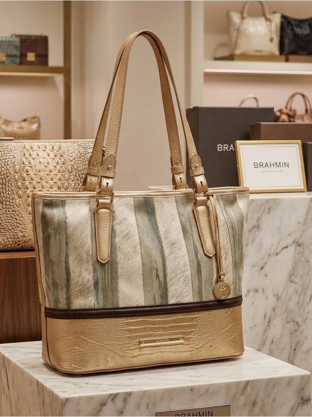 Brahmin Medium Asher Gold  Striped Calf Hair LeatherTote and Dust Bag
